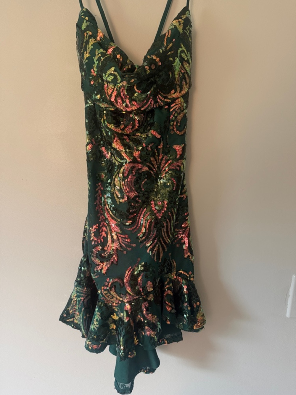 Emerald Green Sequin Paisley Slip Mini Dress